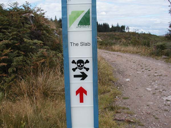 Black skull and crossbones on sign pointing to The Slab.