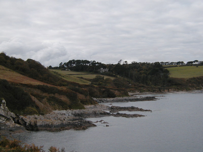 Looking along coastline to section of forest surrounded by fields.