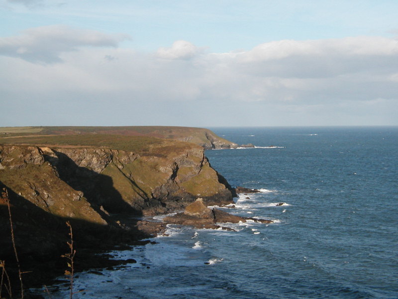 Looking along steep hillside falling away into the sea, rich green and brown colours in the sun.
