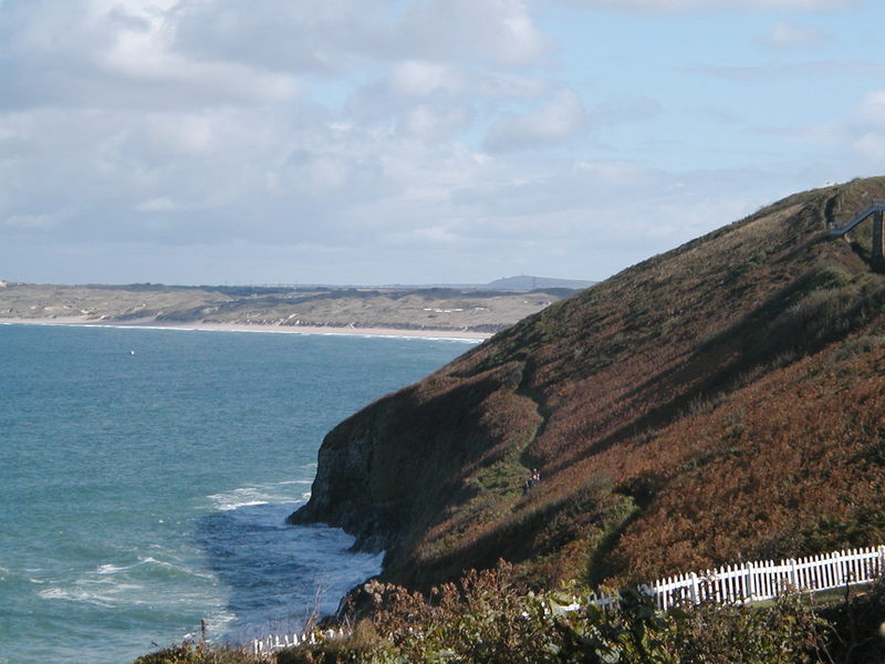 Path traversing through grass and ferns on steep hillside, falling away to the sea.