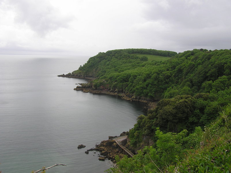 Looking out towards tree covered headland, cloudy sky with a few brighter patches, very calm sea.