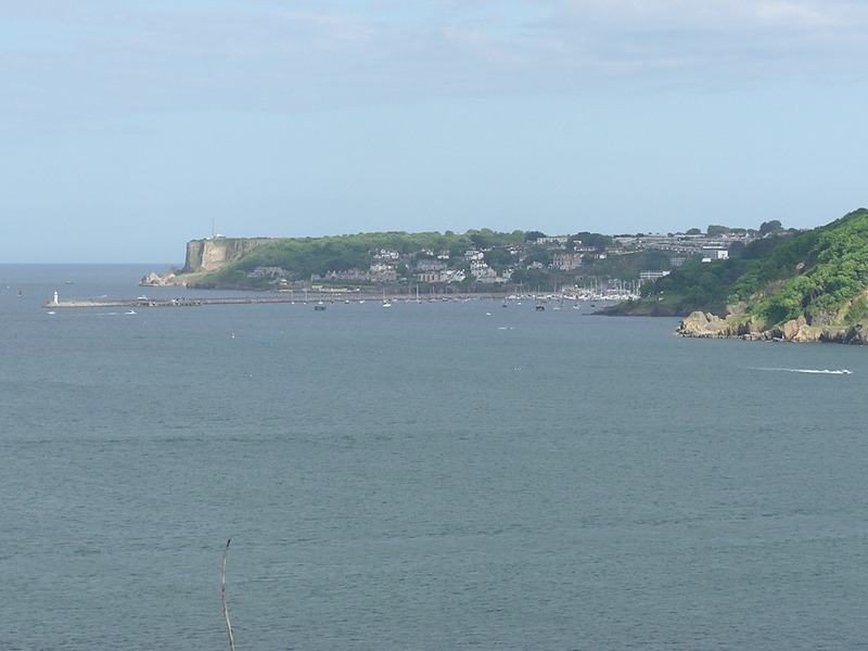 View across water to small harbour, houses behind, lots of boats, and long pier.
