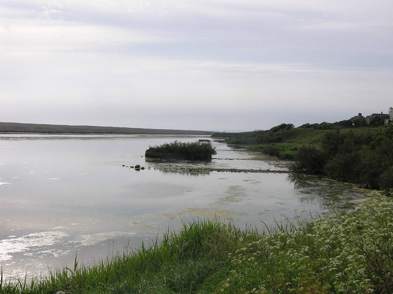 View out along flat stretch of water, shingle bar in the background.