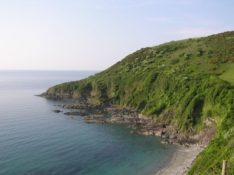 Headland with bushes running right down to a calm sea, blue hazy sky in the background.