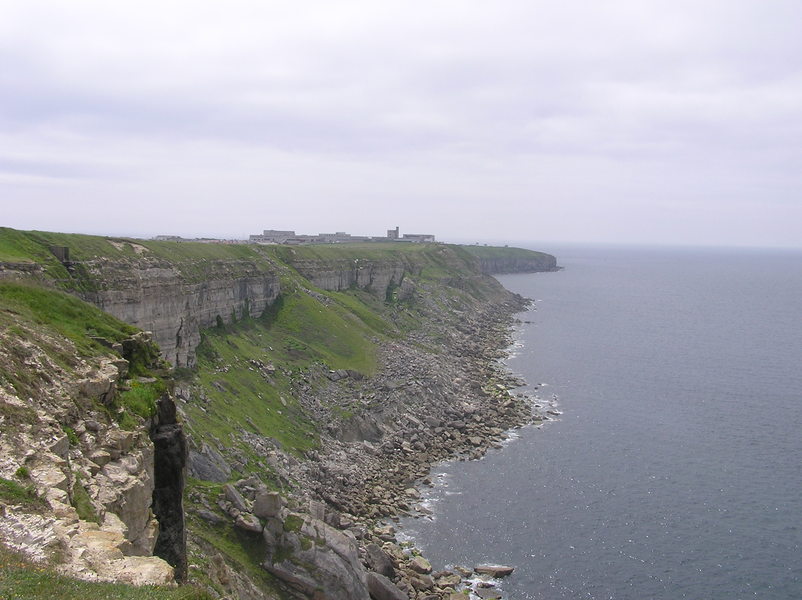 Long row of vertical limestone cliffs stretching off into the distance.
